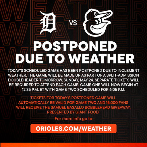 Today's game versus the Tigers has been postponed due to ongoing inclement weather.

For more information, visit ➡️ https://t.co/LJClr2h0bk 