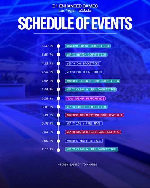 The schedule is set.
The athletes are ready.
The future of sport begins in Las Vegas.

From world-record pursuits in swimming to historic lifts in weightlifting, explosive speed on the track, and live artist performances throughout the night, the #EnhancedGames are built for one thing: pushing entertainment and human performance to the limit.

May 24, 2026 | Don’t miss a minute of the action.