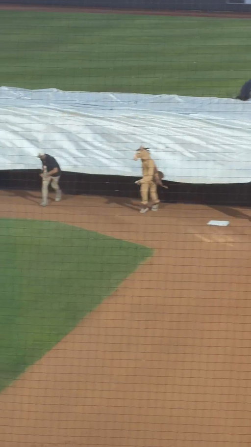 We are in a weather delay. It is also Toy Story Night. 