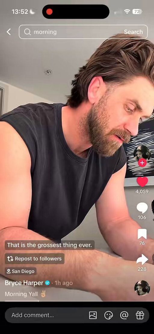 I'm the biggest Bryce Harper guy there is but I have never seen someone brush their teeth like this. I'm stunned  