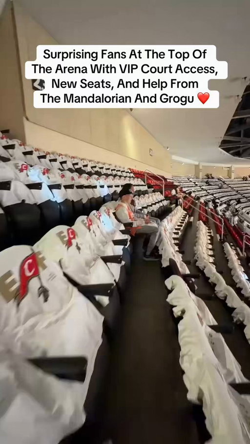 Got to surprise this young fan at the top of the arena with VIP court access, new seats, and help from the Mandalorian and Grogu. 