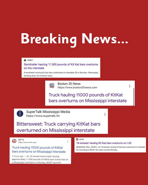 We have breaking news about ANOTHER KitKat truck (🤯?!) We need a break…🫠

According to news agencies, thankfully no injuries were reported. 