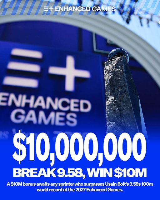 Official Announcement:

A $10,000,000 world record bonus awaits any sprinter who breaks 9.58 seconds in the 100m dash at the 2027 Enhanced Games.

Read more: https://t.co/R8ppuqpk7O 