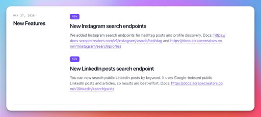 We are coooookinnnnng

We added Linkedin Search Posts, Instagram Search Profiles and Instagram Search Hashtag endpoints!

All powered by Google (to get the publicly available information) 