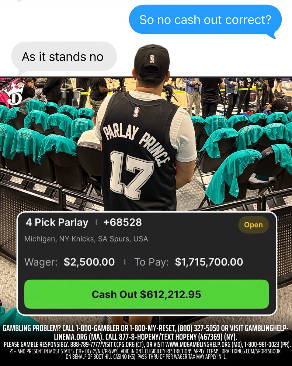 WE HAVE AN UPDATED CASH OUT OFFER HEADING INTO GAME 7 🚨

The offer stands at $612,212.95 and Parlay Prince is NOT taking it as of now 

He's one Spurs win away from $1.7M 