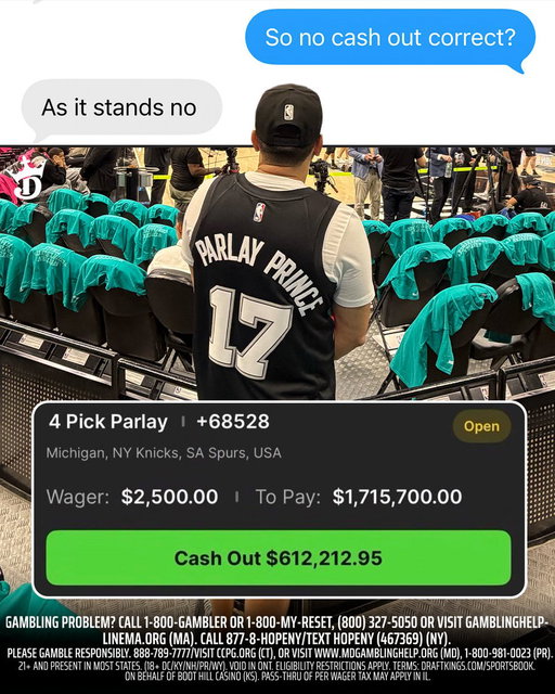 WE HAVE AN UPDATED CASH OUT OFFER HEADING INTO GAME 7 🚨

The offer stands at $612,212.95 and Parlay Prince is NOT taking it as of now 

He's one Spurs win away from $1.7M 