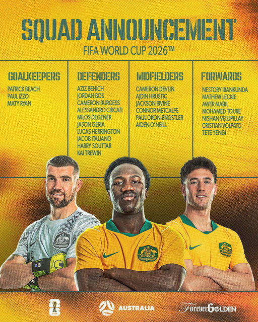 SQUAD CONFIRMED: Introducing your CommBank #Socceroos who will represent Australia at the #FIFAWorldCup 🇦🇺

Congratulations, lads! Go do us all proud 💚💛

📰 All the info: https://t.co/F1kuReZlxM 