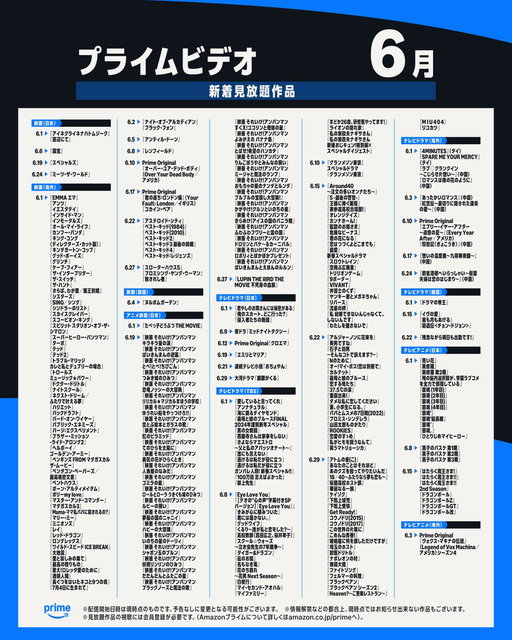 プライムビデオ 6月【配信作品一覧】✨

◆『国宝』
◆『スペシャルズ』
◆『ベスト・キッド：レジェンズ』
◆『LUPIN THE IIIRD THE MOVIE 不死身の血族』
◆『たべっ子どうぶつ THE MOVIE』
◆Prime Original『クロエマ』
◆『残念ながら明日も出勤です！』

画像をタップして一覧をチェック！ 