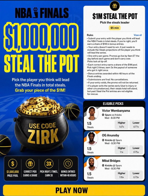 Get your share of $1,000,000 for the NBA Finals! Submit a pick with who you think will lead the finals in steals! Read all the rules in app 👇🏻 get in on your share of $1 Million 💵 Use code ZIRK+get $50 in funds after your first $5 entry! http://play.underdogsports.com/vgwg/p-zirk #UDPartner 