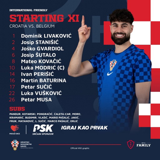 👥 Here is #Croatia starting lineup! 🇭🇷🇧🇪 #CROBEL 

#HrabarBroj #PokažiSrce #Family #Vatreni❤️‍🔥 