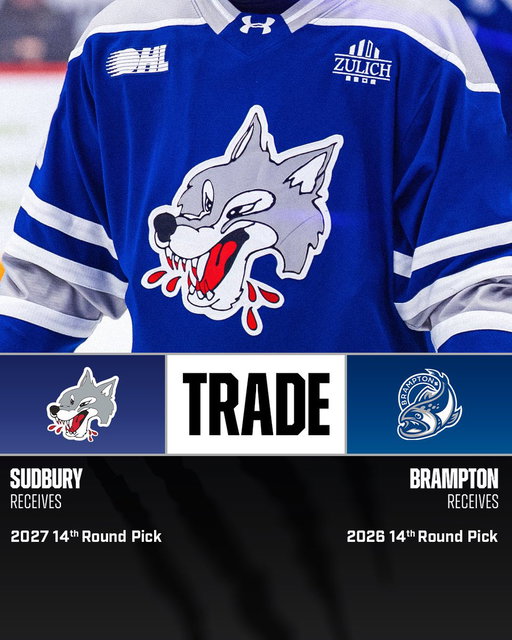 📣 TRADE ALERT 🚨

The Sudbury Wolves have traded their 2026 14th-round pick to Brampton in exchange for Brampton’s 2027 14th-round pick.

#WolvesNation 