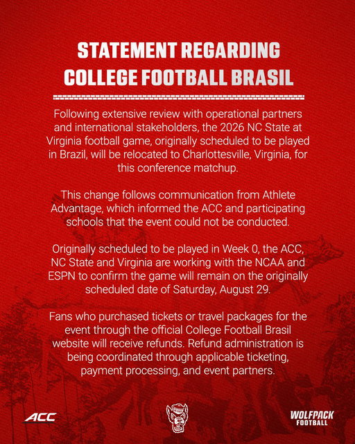 NC State's season opener vs. Virginia will be relocated to Charlottesville. 

http://bit.ly/3SjWX9y 