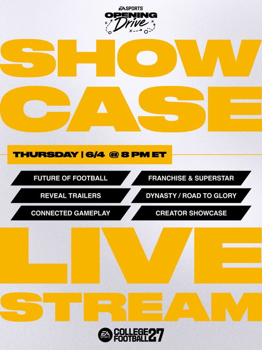 Tomorrow, we’re unveiling the future of College Football 27.

Tune in at 8 PM ET to EA SPORTS Opening Drive for the full reveal of #CFB27 and #Madden27.

🔗: https://t.co/6mLj03LkTz 