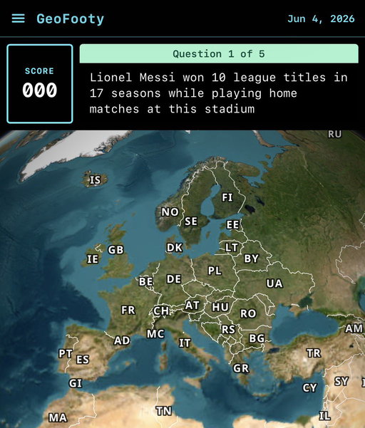 I made a ⚽️ geography game where you’re asked to pinpoint locations of 5 questions. I’d appreciate if you have it a shot

https://t.co/vdIMynTV2D 