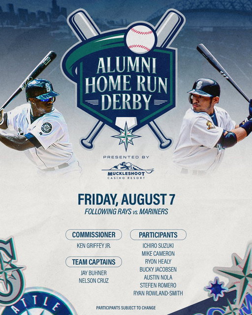 50 Seasons Celebration Weekend just got even bigger!

Be at @TMobilePark on Friday, August 7, for our first-ever Alumni Home Run Derby presented by @Muckleshoot_C, immediately following our matchup with the Rays (moved up to 6:40 p.m.)! #Mariners50

💥 https://t.co/rqcAJ4omNd 💥 