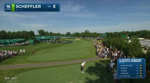 Scottie Scheffler goes in the water on 16 and some fiery dialogue with Ted Scott ensues. 