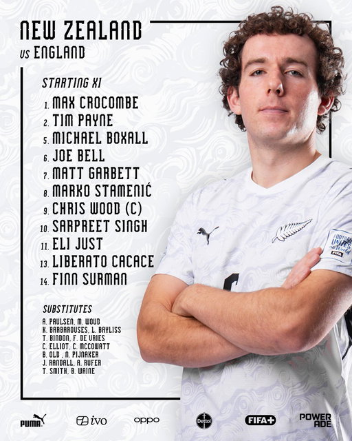Our starting XI to face England 🇳🇿⚔️🏴󠁧󠁢󠁥󠁮󠁧󠁿

Watch live on TVNZ and FIFA+/DAZN from 8am NZ 🎥 