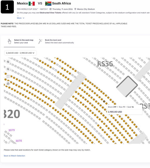 Some more inventory released by FIFA overnight for select World Cup matches. Match 1 (Mexico v South Africa) now has 500+ seats available, after having little to no inventory available on Friday and Saturday (before the release). Almost all inventory currently available is at $3K price points
