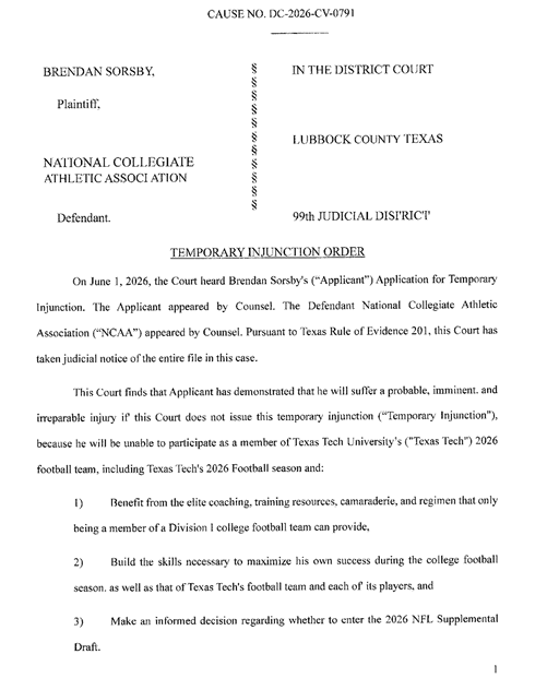 QB Brendan Sorsby has been granted his injunction against the NCAA. 