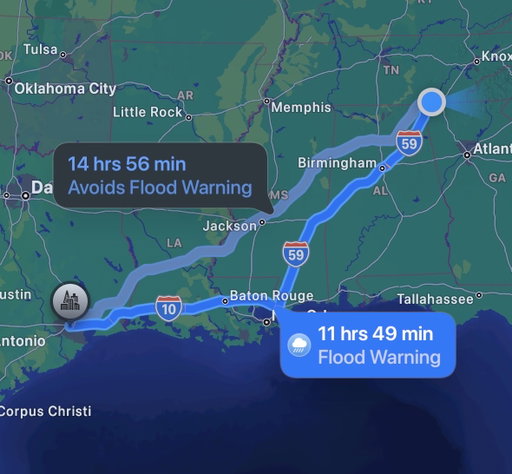 This is our route for the next few days.
Auburn tomorrow, then continuing on towards Houston for Germany’s game.

If you have any recommendations for places to stop along the way, let me know! 