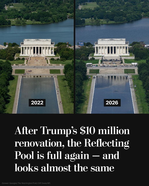 The Reflecting Pool on the National Mall has been refilled following President Trump’s renovations.

The project ultimately took six weeks and cost more than $10 million, far more than Trump initially projected. https://t.co/no9QuP1lmu 