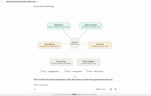 ok so Claude Fable 5 is really really good at finding warm intro paths for sales/GTM

we have an internal benchmark/skill that uses our MCP for the data but gives claude freedom on picking the right filters and being creative

i asked it to find me a warm connection at McKinsey. it found people who studied at the same school, same year, worked at the same jobs,  engaged with my content before & built a full map

by far the best warm intro paths a claude model has found so far
