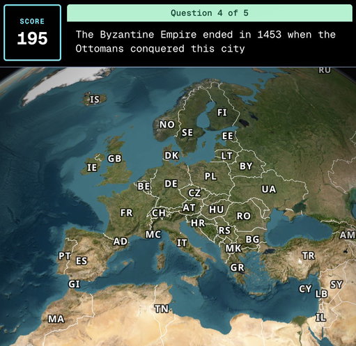 I made a history version of GeoSports. If your favorite class in school was Social Studies/History, this is for you

GeoHistory · June 10th
🟢🟡🟡🟢🟢
934 / 1,000
https://t.co/nzzJl1LLAS 