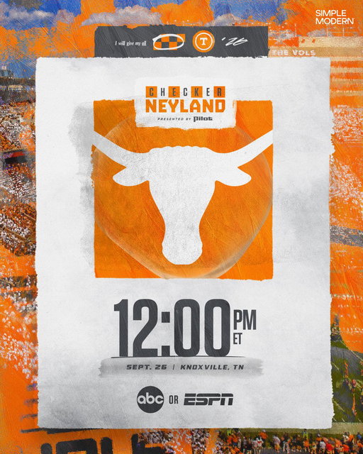 Checker Neyland. Noon. Texas.

🗓️ September 26
📺 ABC or ESPN
🏟️ Neyland Stadium 