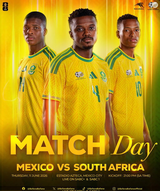 🚨 IT’S MATCHDAY !! 🇿🇦🚨 
⚽ Mexico vs Bafana Bafana
📅 Thursday, 11 June 2026
​🏟️ Estadio Azteca, Mexico City
🕕 Kick-off: 21:00 (SA Time)
🖥 SABC + & SABC 1

​#BafanaPride
@adidasfootball @adidasZA @REXONA_SA @StandardBankZA @10bet_ZA @flysaa @CastleLagerSA @CocaCola_ZA @SABC_Sport @NUTRITECHFIT @sociosdotcom @SouthernSunGrp @HonorAfrica
#FIFAWorldCup