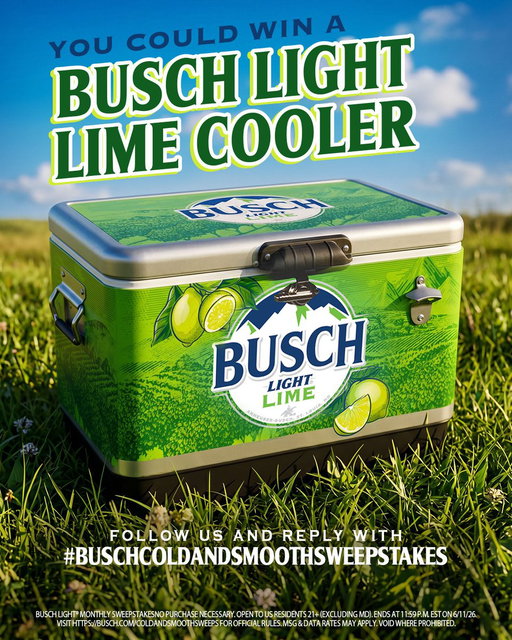 🚨 YOU COULD WIN A BUSCH LIGHT LIME COOLER! 🚨

Follow us and reply with #BuschColdAndSmoothSweepstakes for the chance to win! 