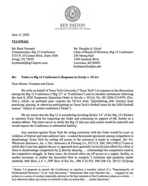 The Texas Attorney General sent a formal letter to the Big 12 today alerting the conference that Texas Tech would take action against any league sanction. 