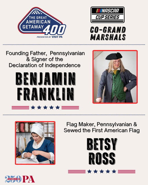 🇺🇸  Grand Marshals 🇺🇸  

Ben Franklin and Betsy Ross will serve as our Grand Marshals this Sunday, June 14, as we celebrate America’s 250th at the Tricky Triangle. 

Ben Franklin brings his Founding Father legacy and deep Pennsylvania roots, while Betsy Ross represents the stars‑and‑stripes tradition that started in Philadelphia.
They’ll deliver the command before we get rolling for 400 miles on this Flag Day. #PAGetaway400 

@visitPA | @NASCAR