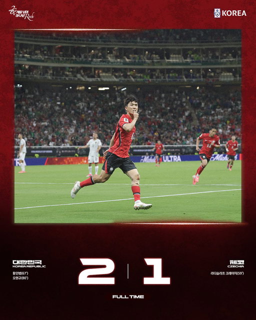 [FT] 대한민국🇰🇷 2-1 체코🇨🇿
첫 경기를 역전승으로 장식하는 대표팀🔥

한계를 넘어 하나된 𝐑𝐞𝐝𝐬 🇰🇷

✔2026 FIFA 북중미 월드컵 조별리그 2차전
vs. 멕시코 6/19(금) 10:00
@과달라하라 스타디움
⏰한국시간 기준
📺JTBC, KBS2, 치지직

#대한민국 #축구국가대표팀 #FIFAWorldCup2026 