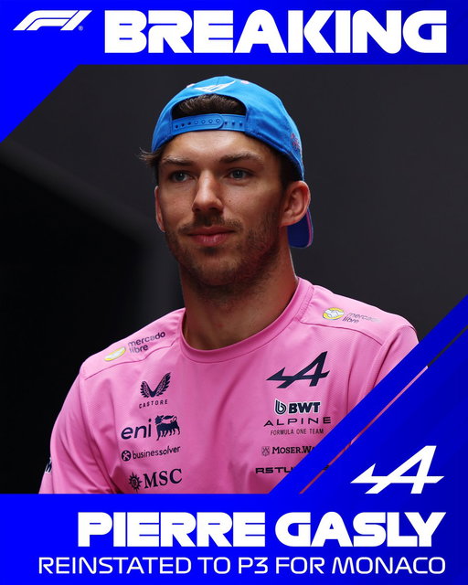 BREAKING: Pierre Gasly has been reinstated into P3 for the Monaco Grand Prix

The Stewards have rescinded the two five-second penalties imposed on Pierre Gasly during the race for speeding in the pit lane

#F1 