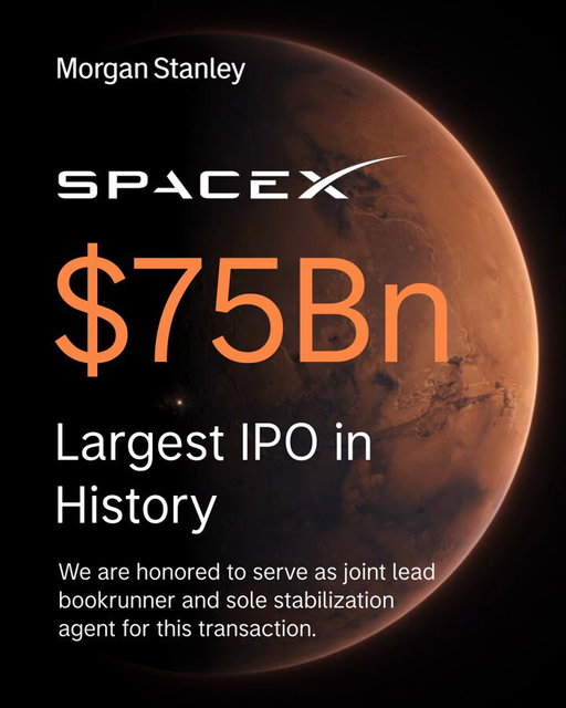 Today, @SpaceX (Nasdaq: SPCX) makes its public market debut with a $75Bn offering (pre-greenshoe) at $135 per share, marking the largest IPO in history. 

Congratulations to the SpaceX team. We are honored to serve as joint lead bookrunner and sole stabilization agent. 