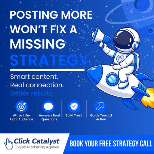 Posting more won’t fix a missing strategy. 📲

If your content isn’t bringing engagement, inquiries, or customers, it may need more purpose.

At Click Catalyst, we help small businesses build smarter social media strategies tied to real goals. 🧭 