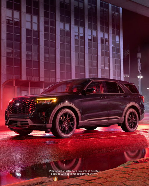 Aggressive styling. Zero compromises.

The 2027 Ford Explorer ST with the available Sinister package brings a bold, community-inspired look straight to the assembly line with amber LED Daytime Running Lamps, 21-inch gloss-black wheels, and dark-accented ST badging. 
