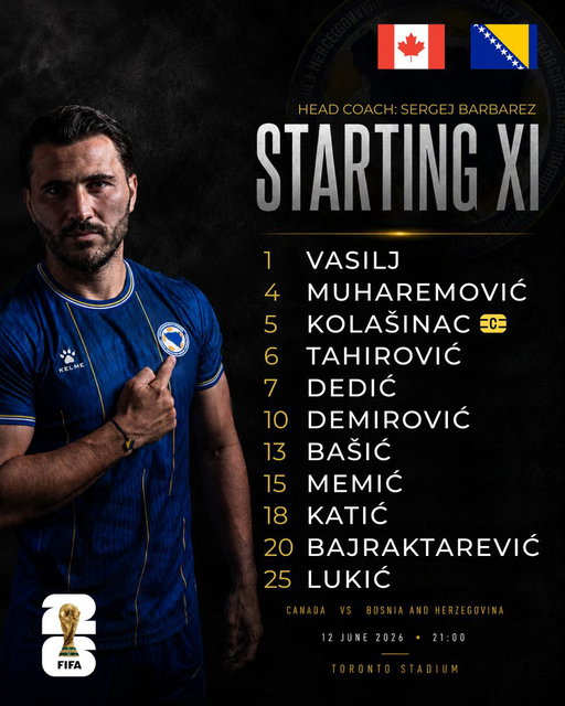🇨🇦🆚🇧🇦 Vrijeme je za početak.

Poznat je početni sastav Bosne i Hercegovine za večerašnji susret protiv Kanade u kvalifikacijama za FIFA Svjetsko prvenstvo 2026.

Sretno, Zmajevi! 🇧🇦

#DreamBigDreamBiH 