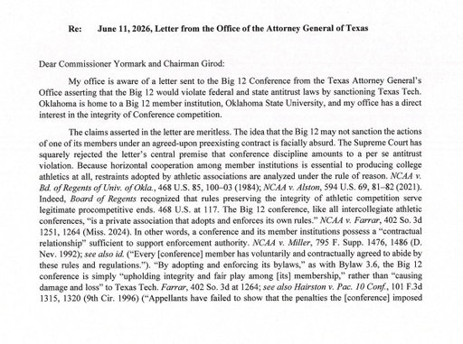 NEWS: The Oklahoma Attorney General's office issued a rebuttal letter to the Texas AG's office's letter to the Big 12. Oklahoma AG Gentner Drummond says that the idea that Big 12 may not sanction its members is “facially absurd” and says Texas Tech’s actions have “constituted a shameful chapter in the story of college football.” Per me and @max_olson.