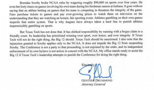 After the Texas Attorney General sent a letter to the Big 12 saying it would be illegal for them to sanction Texas Tech, the Oklahoma Attorney General is calling that letter meritless and absurd.

Oklahoma AG Gentner Drummond says his office is ready to help the Big 12. 