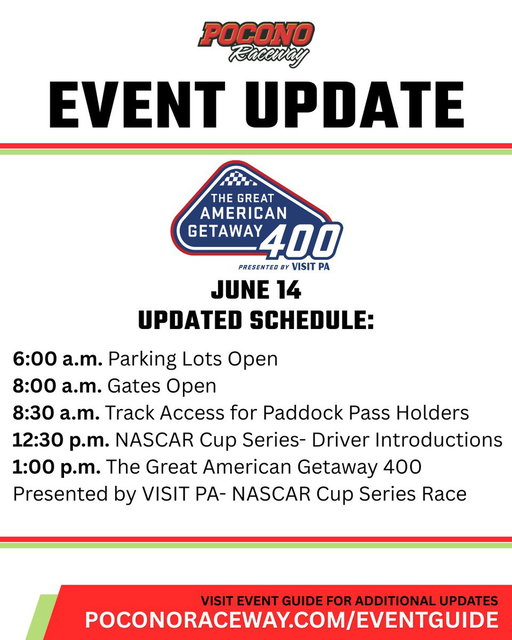 🚨EVENT UPDATE - Sunday, June 14🚨

The start time for The Great American Getaway 400 -NASCAR Cup Series Race has been moved up to 1:00p.m.

Due to the change in schedule, we strongly recommend all guests adjust your arrival plan. Arrive early to avoid delays. Parking opens at 6:00a.m.

Once they are confirmed, additional updates to the fan experience schedule will be announced. For the latest, visit our Event Guide.

Click Here: https://t.co/5hNuaHesxc