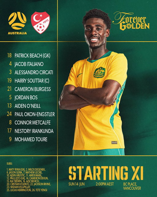 📋 Here is our starting XI against Türkiye 💪

Ten #Socceroos make their #FIFAWorldCup debuts 👏
Harry Souttar wears the armband ©️

🇦🇺 v 🇹🇷 - 13.6.26 - 9:00pm local
🇦🇺 v 🇹🇷 - 14.6.26 - 2:00pm AEST

📱💻📺 Live on SBS &amp; SBS On Demand 