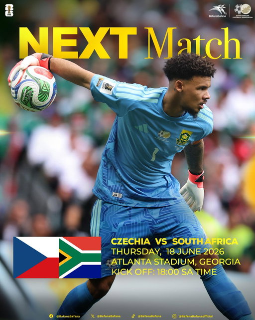 🇿🇦 Next match loading... ⌛️
⚽ Czechia vs Bafana Bafana
📅 Thursday, 18 June 2026
​🏟️ Atlanta Stadium, Georgia
🕕 Kick-off: 18:00 (SA Time)

#BafanaPride
#BafanaBafana
#FIFAWorldCup 