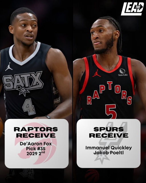 🚨 MOCK DRAFT MONDAY 🚨

A trade with @SpursLead that sees us buy low on De'Aaron Fox while getting rid of Jak's contract 👀

Thoughts? 🤔

#WeTheNorth 