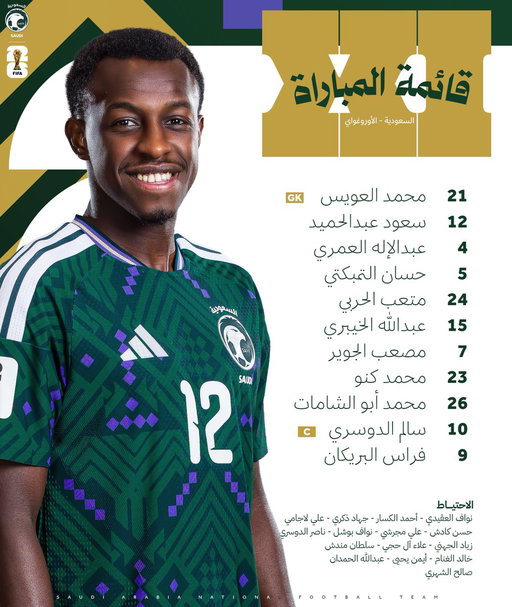 خيارات مدربنا جورجيوس دونيس لمواجهة منتخب الأوروغواي 📝⬇️. 
#السعودية_الأوروغواي | #قدام_بنفس_الروح 