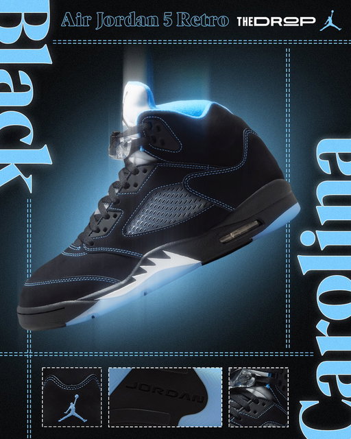 🧊 The Drop: Air Jordan 5 Retro "Black Carolina"

MJ's college years at UNC catapulted him to early stardom.🧊

This retro of a 2006 classic, pays tribute to his time at Carolina. Featuring University Blue accents on a premium black nubuck upper, finished with an icy outsole.💎

Dropping on June 20th in men's and kids sizes. Enter the raffle, link: https://t.co/eWFmbL50i7

#thedrop #jordan5 #blackcarolina