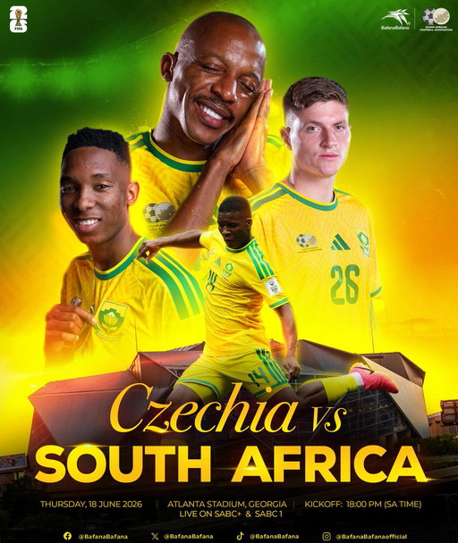 ⚽ Czechia vs Bafana Bafana
📅 Thursday, 18 June 2026
​🏟️ Atlanta Stadium
🕕 Kick-off: 18:00 SA Time

#Fifaworldcup
#BafanaPride 
#BafanaBafana 
