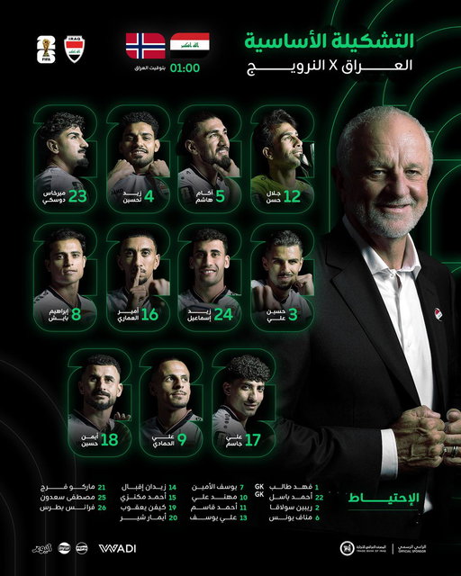 𝗧𝗲𝗮𝗺 𝗡𝗲𝘄𝘀 🇮🇶🇳🇴

التشكيلةُ الرسميةُ لمنتخبِنا الوطنيّ لمواجهةِ النرويج ضمنَ منافساتِ المجموعةِ التاسعة في كأسِ العالم 👊

Presenting your Iraq lineup to take on Norway in Group I at the World Cup! 👊

#IRQvNOR #FIFAWorldCup 