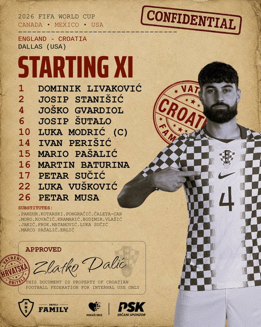 🇭🇷🏴󠁧󠁢󠁥󠁮󠁧󠁿 Mission underway. This is #Croatia starting lineup! 📜 #ENGCRO 

#WorldCup #HrabarBroj #PokažiSrce #Family #Vatreni❤️‍🔥 