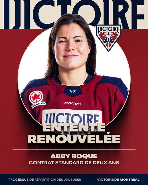 UNE ENTENTE RENOUVELÉE, SOLIDE COMME UN ROQUE! 🪨

La Victoire de Montréal s’est entendue à nouveau avec l’attaquante Abby Roque pour un contrat standard de deux ans.
 
A ROQUE SOLID SIGNATURE!

The Montréal Victoire have re-signed forward Abby Roque to a two-year Standard Player Agreement contract.